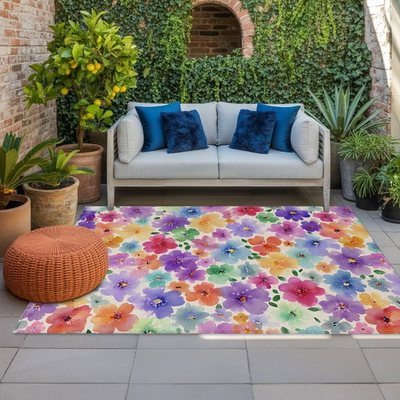 Spring Color Floral Indoor Outdoor Rugs 4x6 Ft, Watercolors Wildflowers Fields Retro Linen Outdoor Patio Rugs Mat Washable Outside Area Rugs Carpet for Porch Deck RV Camping Pool Balcony Backyard