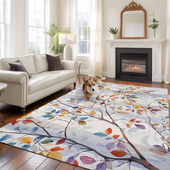 Spring Color Trees Area Rugs 5x7 ft Farmhouse Watercolor Leaves Tree Shadows Washable Rug Non Slip Indoor Carpet Absorbent Floor Mat for Living Room Bedroom Dining Room