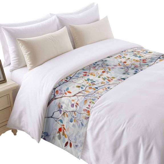 Spring Color Trees Bed Runner for King Size Bed, Farmhouse Watercolor Leaves Tree Shadows Soft Bedding Scarf Bedding Protector Slipcover Sofa Throw for Bedroom Hotel Guesthouse