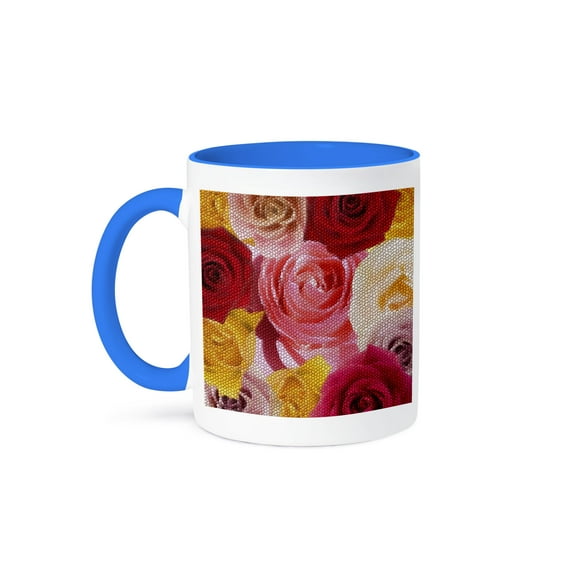 3dRose, Spring Colored Roses- Flowers- Art- Pink, Red, Orange and Yellow, 15oz Two-Tone Blue Mug