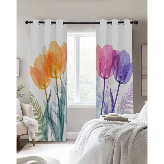 Spring Colorful Blackout Curtains 2 Panels X-ray Tulips Flower Ferns Leaf Thermal Insulated Grommet Window Curtains for Bedroom Living Room 27.5"x39"
