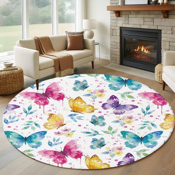 Spring Colorful Butterflies 6ft Round Rugs, Spring Floral Art Decor Washable Non-Slip Area Rugs for Living Room Bedroom Kitchen, Soft Low Pile Dining Room Kicthen Circle Carpet, Indoor Floor Rug