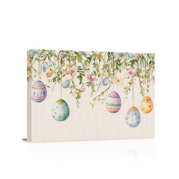 Spring Colorful Canvas Print Wall Art Easter Eggs Flowers Eucalyptus Leaf Retro Pictures Painting Morden Artwork for Living Room Bedroom, Ready to Hang - 12"x16"