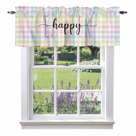 Spring Colorful Checkered Valances for Windows,Kitchen Valance Rod Pocket Short Curtain, Easter Buffalo Plaid Minimalist Style Valance Curtain Window Valances for Bedroom Living Room 42x12in