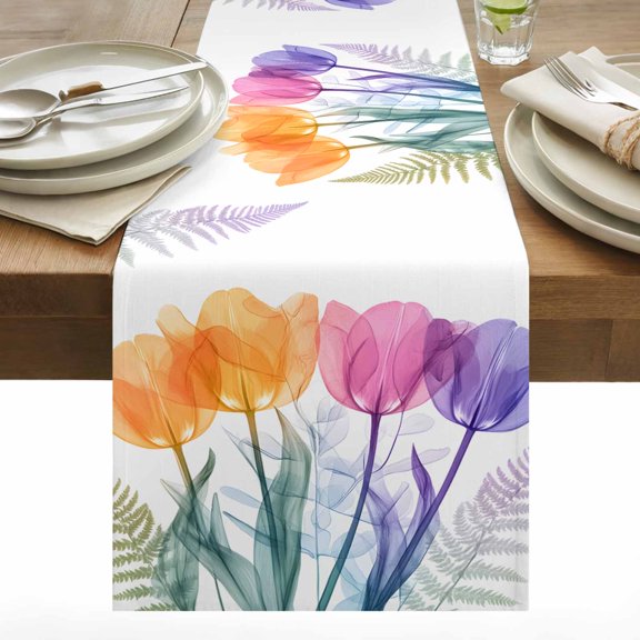 Spring Colorful Cotton Linen Table Runner X-ray Tulips Flower Ferns Leaf Dining Table Runners for Home Decor Party Dining Room Restaurant Kitchen 13" x 36"