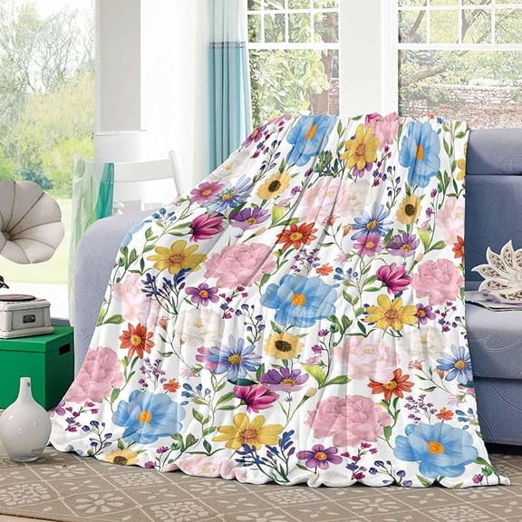 Spring Colorful Floral Fleece Throw Blanket For Couch Flannel Bed Blankets Watercolor Spring Flower Leaves Fuzzy Warm Plush Throws Super Soft Cozy Blanket For Sofa Travel 50" x 60"