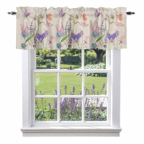 Spring Colorful Floral Kitchen Curtain Valances for Windows Farmhouse Short Curtains, Watercolor Butterfly Rod Pocket Valance Curtain for Bedroom Cafe Living Room 60"x18"