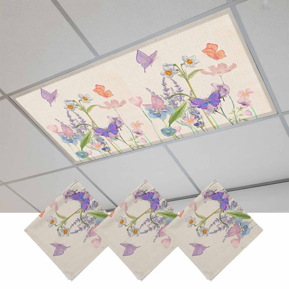 Spring Colorful Floral Magnetic Fluorescent Light Covers for Ceiling Lights 2 x 4 Feet, Watercolor Butterfly Office Classroom Kitchen Drop Ceiling Light Covers Lighting Filters Shade Panel 3 Packs