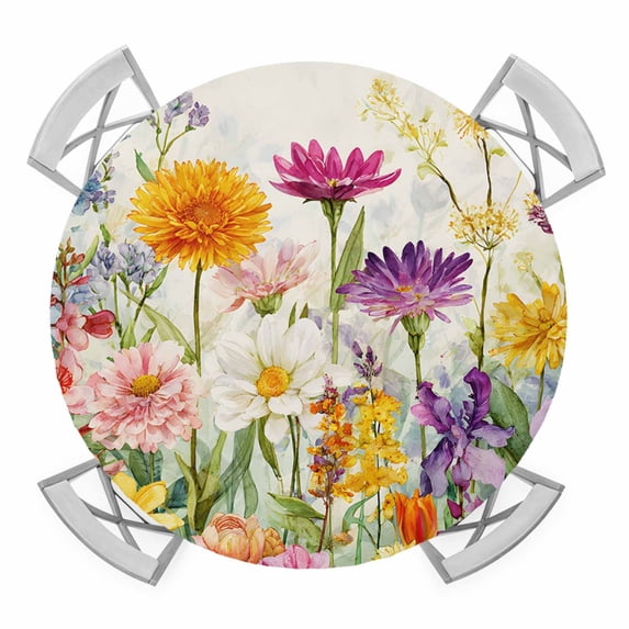Spring Colorful Floral Round Tablecloth for 55-60 Inch Tables,Fitted Table Cover with Elastic Edge,Yellow Purple Pastoral Flowers Waterproof Outdoor Table Cloth Protector for Patio Garden Dinner