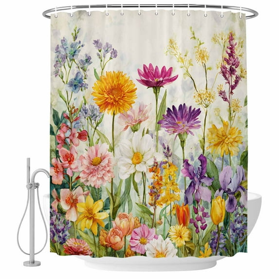 Spring Colorful Floral Shower Curtain, Waterproof Shower Curtains for Bathroom, Yellow Purple Pastoral Flowers Washable Fabric Bathtub Curtain Set Bath Decor with 12 Hooks Extra Long 72"x96"