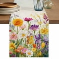 thumbnail image 1 of Spring Colorful Floral Table Runner, Yellow Purple Pastoral Flowers Washable Cotton Linen Table Runners 36 Inches Long, Dresser Scarf Runner for Nightstand/End Tables/Round Tables 13''x36'', 1 of 9