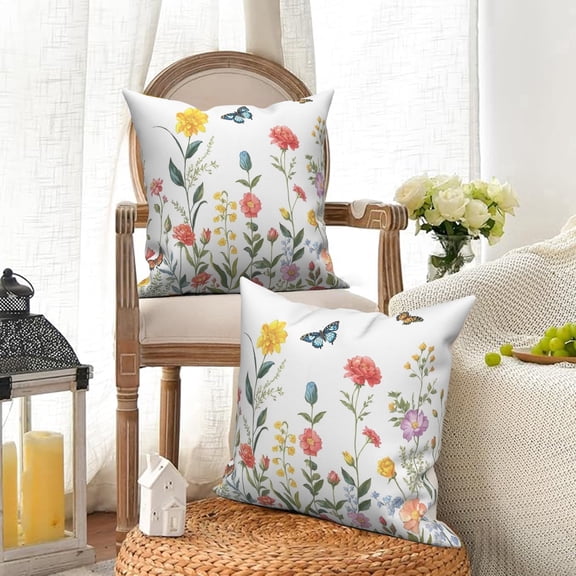 Spring Summer Floral Throw Pillow Covers 18x18 Set of 2,Colorful Flowers Decorative Pillow Cases for Bedroom Sofa Couch
