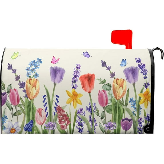 Spring Colorful Flowers Mailbox Covers Magnetic Standard Size 25.5" X 21",Watercolor Butterfly and Flowers Summer Mailbox Wraps Post Letter Box Cover for Holiday Garden Yard Decor