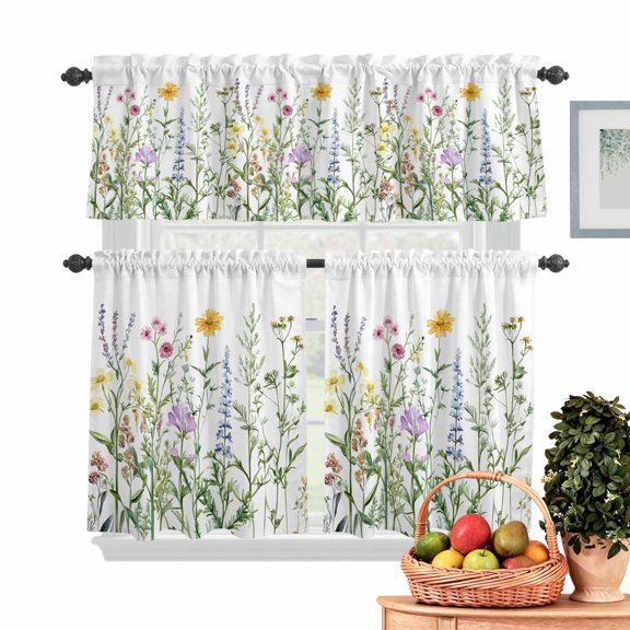 Spring Colorful Kitchen Curtains Valances 3 Piece Set, Wildflower Botanical Green Leaves Rod Pocket Tier Curtain and Valance Drapes for Small Window 24 Inch Length for Bedroom Cafe