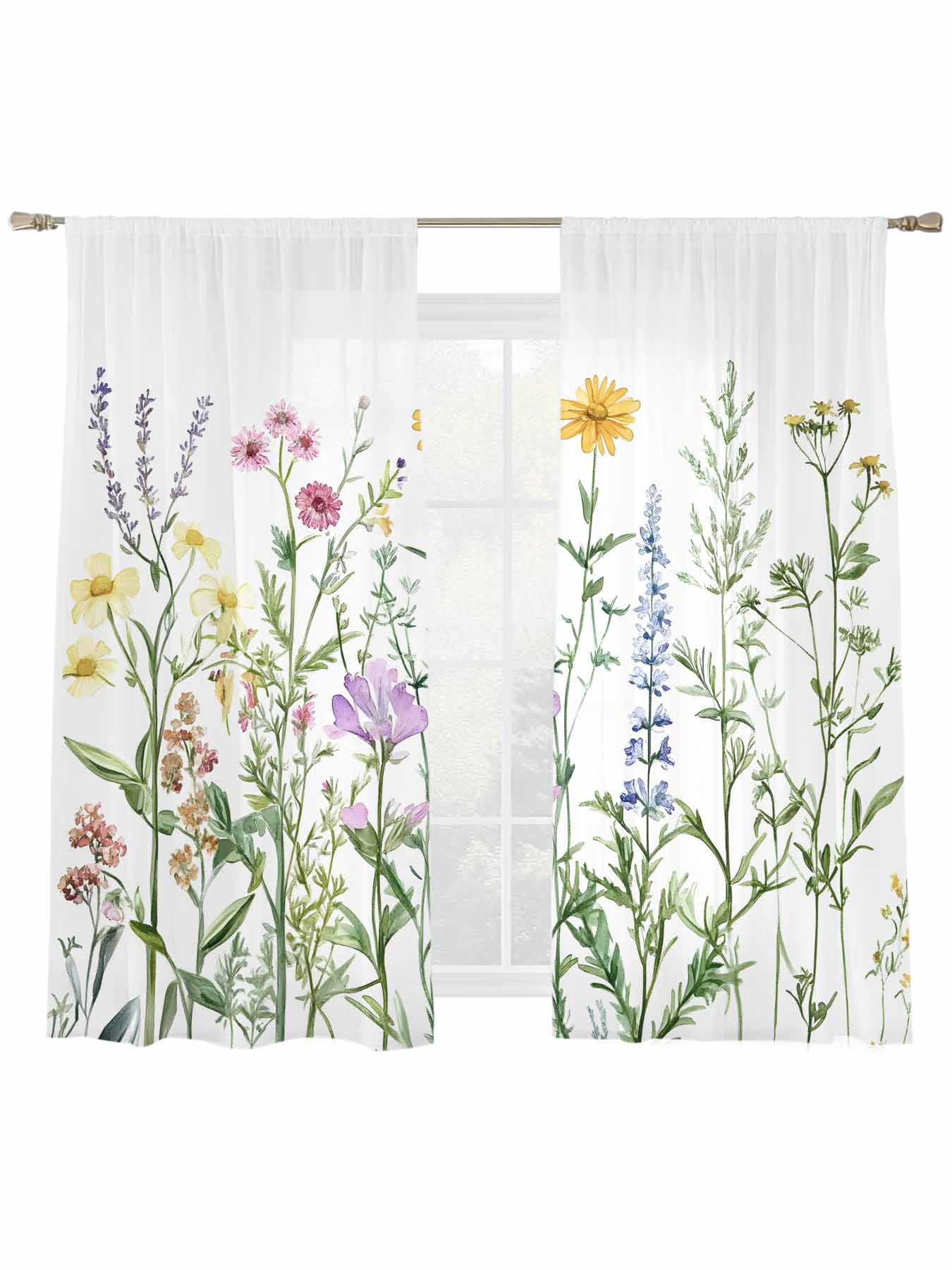 Spring Colorful Sheer Curtains 2 Panels Set Wildflower Botanical Green ...