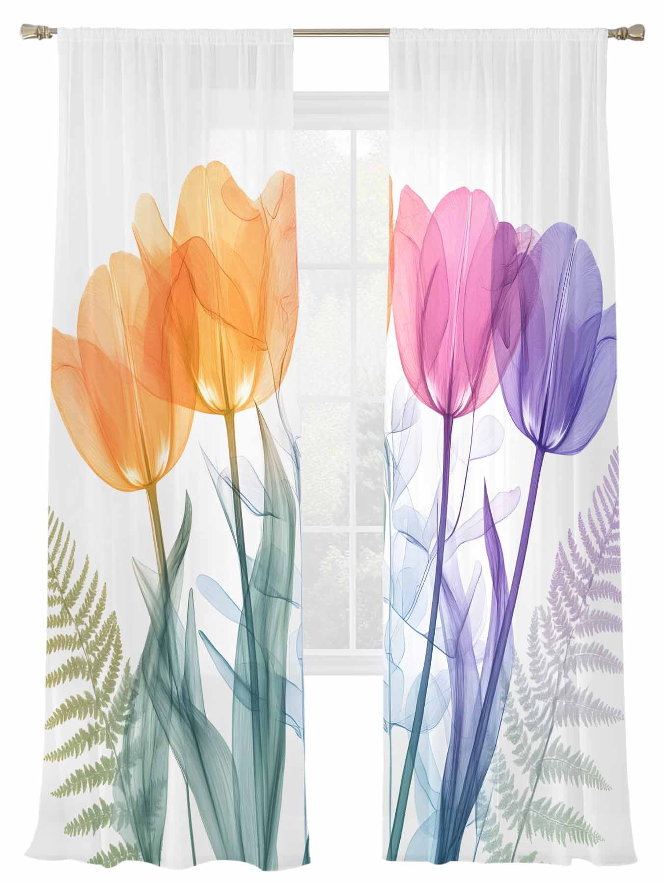 Spring Colorful Sheer Curtains 2 Panels Set X-ray Tulips Flower Ferns ...