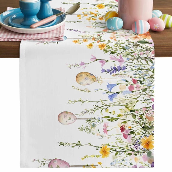 Spring Jpeg Spring Colorful Table Runner, Easter Eggs Wildflower Eucalyptus Leaf ...