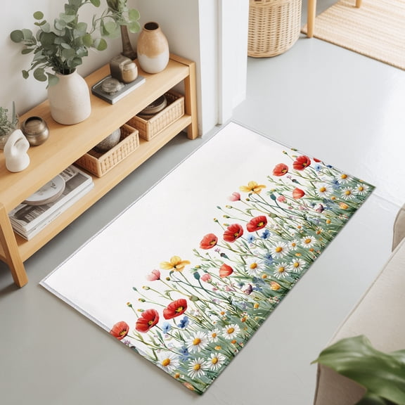 Spring Colorful Wild Flowers Rectangle Rug 2'x3' Pastoral Watercolor Daisy Bud Washable Area Rugs for Living Room Bedroom Entryway Non Slip Entrance Door Mat Indoor Floor Carpet
