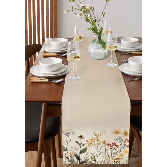 Spring Colorful Wild Flowers Table Runner 13x90in Non-Slip Cotton Linen Table Runners, Pastoral Watercolor Daisy Bud Dresser Scarves TableRunner for Dinner Kitchen Dining Wedding Party