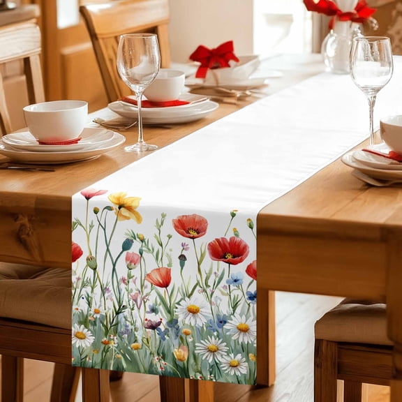 Spring Colorful Wild Flowers Table Runner 36 Inches Long,Kitchen Dining Tablerunners Pastoral Watercolor Daisy Bud Linen Table Runners Dresser Scarves for Home Dinner Wedding Holiday Party Decor