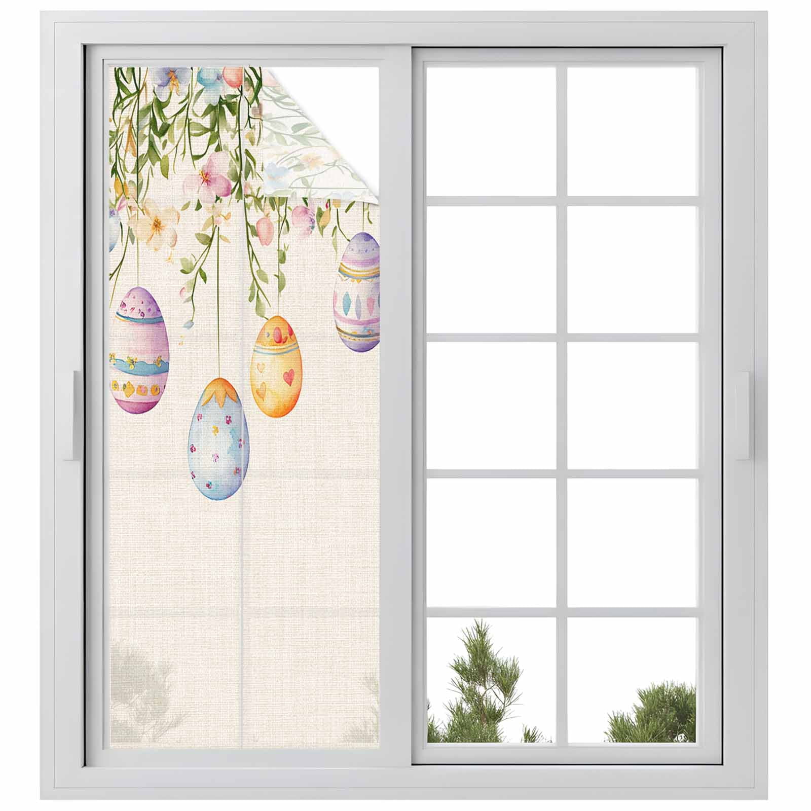 Spring Colorful Window Privacy Film, Easter Eggs Flowers Eucalyptus Leaf Retro Frosted Glass Window Clings Static Cling UV Heat Blocking Reusable Door Sticker for Bathroom 23.6 x 59 Inch