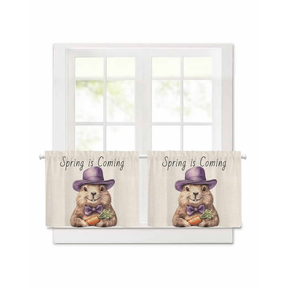 Spring Is Coming Short Blackout Curtains 30 Inch Long Groundhog Carrot Linen Texture Rod Pocket Kitchen Curtains, 2 Panels Thermal Insulated Room Darkening Drapes for Bedroom, 42"W x 30"L