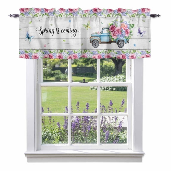 Spring Is Coming Valance Curtain for Windows Rose and Hydrangea Floral Truck Wood Grain Rod Pocket Curtain Valances Short Window Treatments Panels for Kitchen Bathroom Laundry Basement 42 x 18 Inch