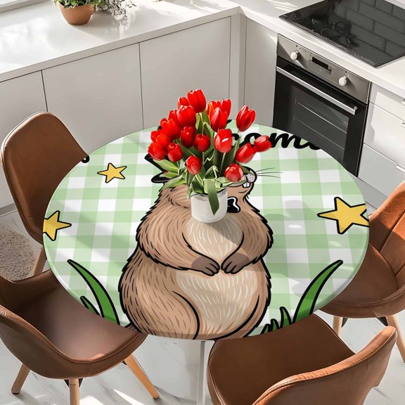 Spring Is Coming Words Round Fitted Tablecloth with Elastic Edge,Waterproof Table Cloth Fits Tables Up to 36"-44",Washable Table Cover for Indoor Outdoor Dinning Party,Groundhog on Green Plaid