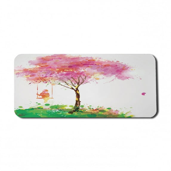 Spring Computer Mouse Pad, Spring Blossoming Tree and Dreaming Girl on Swing Chilhood Memories Watercolor Art, Rectangle Non-Slip Rubber Mousepad X-Large, 35" x 15", Multicolor, by Ambesonne
