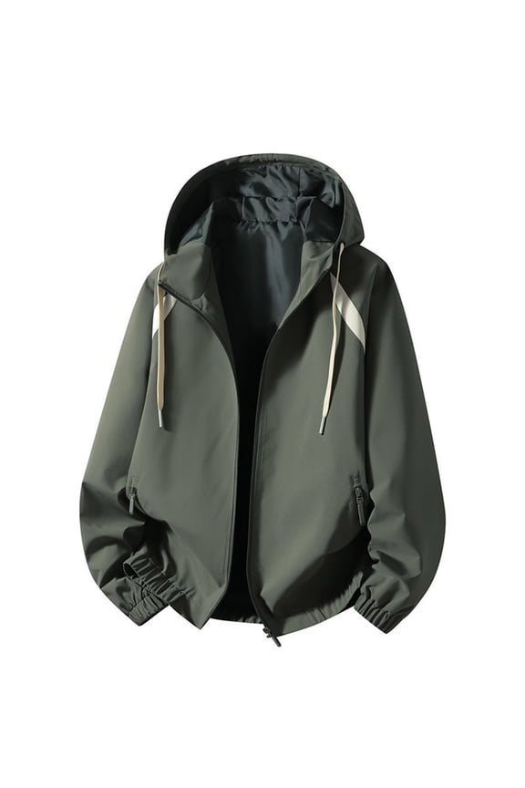 Spring Contrast Panel Hood Wind Jacket for Men, Drawstring Hood Full Zip Zipper Pocket Windbreaker, Versatile Sport Outerwear Army Green M(M)