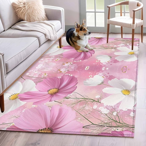 Spring Cosmos Area Rugs 4x6 ft Pink White Flowers Nature Plant Washable Rug Non Slip Indoor Carpet Absorbent Floor Mat for Living Room Bedroom Dining Room