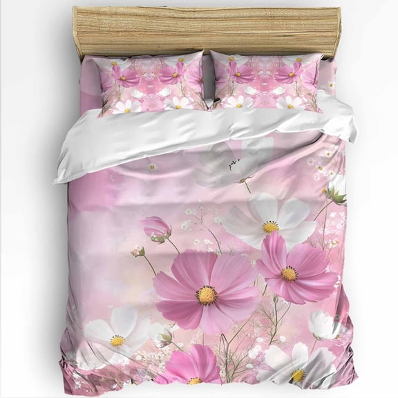 Spring Cosmos Twin Size Comforter Set, Pink White Flowers Nature Plant Soft Bedding for All Seasons, 4 Pcs Bed Set with 1 Comforter (68"x86") ,1Sheet(66"x116"), 2 Pillowcases (19"x29")