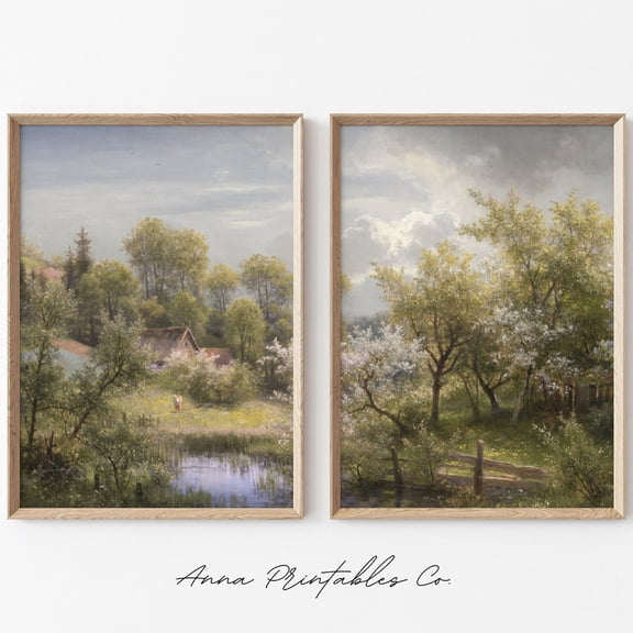Spring Cottage Dual Panel Vintage Cottagecore Landscape Wall Art Set 2 Stretched Canvas 8x12