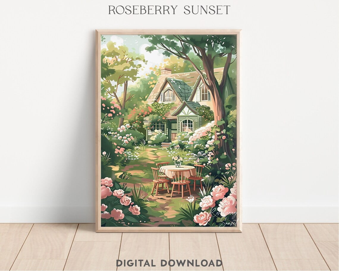 Spring Cottage Pink Rose Garden Painting Art Print, Cozy Country ...