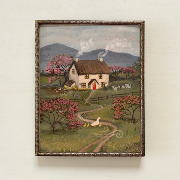 Spring Cottage | Spring Room Decor, Kitchen Wall Art, Laundry Room Wall Art, Spring Wall Art, Cottagecore Decor, Folk Art Painting, Folk Art Canvas Print