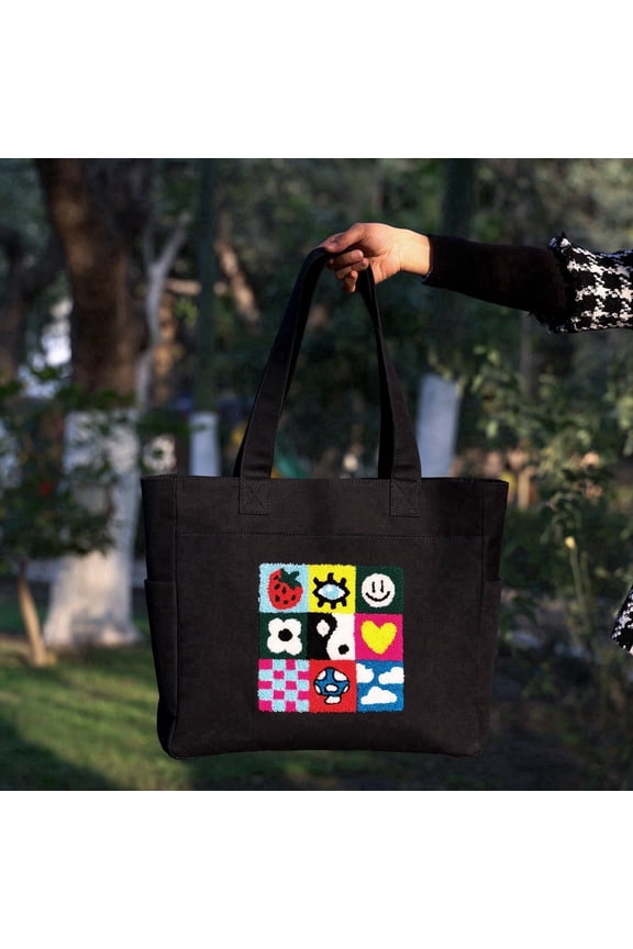 Spring Cotton Canvas Tote Bag for Women, Large Embroidered Shoulder Bag with Zipper, Travel Work Everyday Carry Tote (Black)