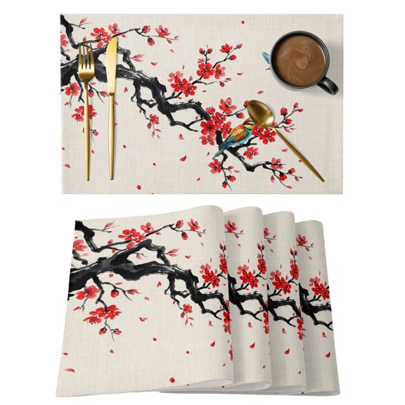 Spring Cotton Linen Placemats Set of 1, Oriental Traditional Red Plum Blossoms Birds Ethnic Linen Washable Table Place Mats Heat Insulating Placemat for Dining Room Kitchen Daily Use 13 x 19 Inch