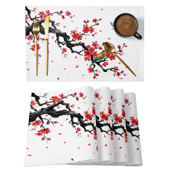 Spring Cotton Linen Placemats Set of 1, Oriental Traditional Red Plum Blossoms Birds Ethnic Washable Table Place Mats Heat Insulating Placemat for Dining Room Kitchen Daily Use 13 x 19 Inch