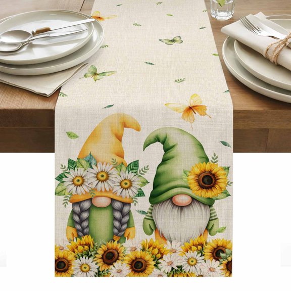 Spring Cotton Linen Table Runner Pastoral Sunflowers Daisy Gnomes Leaves Retro Linen Dining Table Runners for Home Decor Party Dining Room Restaurant Kitchen Party 13" x 48"