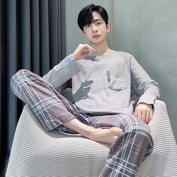 Spring Cotton Pajamas Men Lounge Sleepwear Blue Plaid Pijama Man‘s Bedgown Home Clothes PJ Pijama Hombre pijma hombre Dropship
