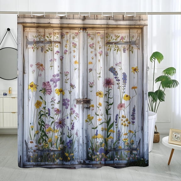 Spring Country Barn Door Shower Curtain Set, Farmhouse Style Wooden Flower Shower Curtain Rustic Floral Bathroom Decor Polyester Fabric-72"W x 72"L (Pack of 1)