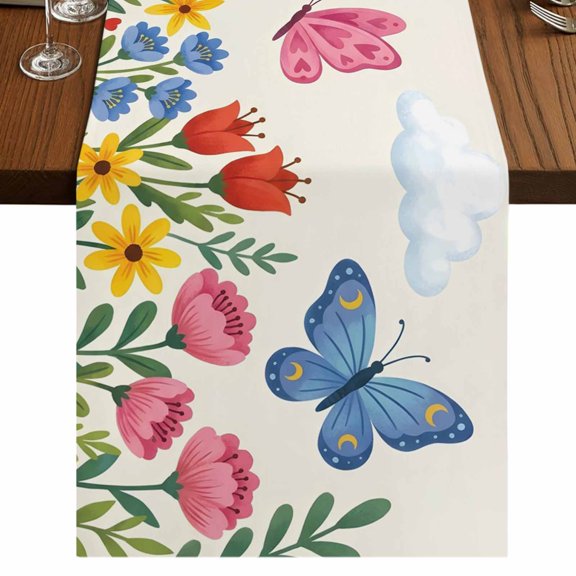 Spring Country Burlap Cotton Table Runner 13x90 Inches Long, Cartoon Watercolor Sun Butterflies Flowers Farmhouse Table Runners, Outdoor Dining Tablecloths Decor for Baby Shower/Party/Wedding