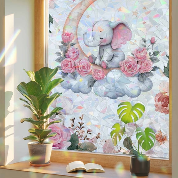 Spring Country Flowers Window Privacy Film, Rainbow Film Decorative Window Sticker 23.6x 59in, Moon Elephants Stars Clouds Sun Blocking Static Stained Glass Cling Tint Non-Adhesive