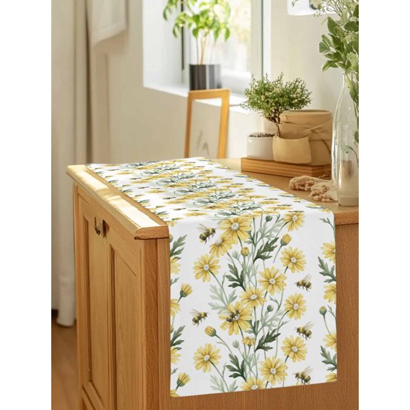 Spring Countryside Yellow Daisy Bees Table Runner 36 Inches Long,Kitchen Dining Tablerunners Watercolor Flowerr Linen Table Runners Dresser Scarves for Home Dinner Wedding Holiday Party Decor