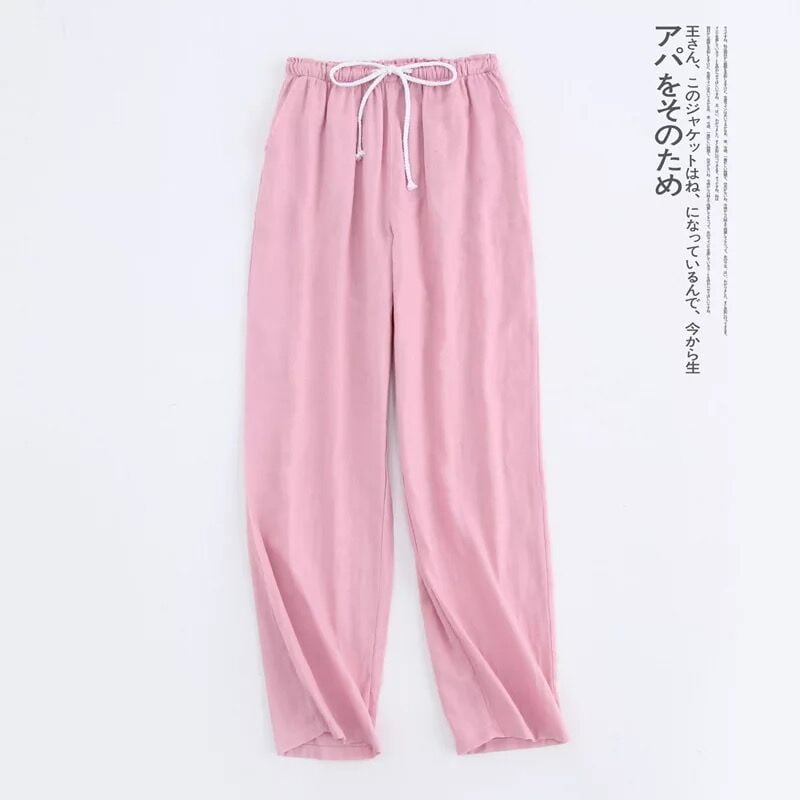 Spring Couples Cotton Gauze Sleep Pants Ladies Home Tie Pajama Pant Men