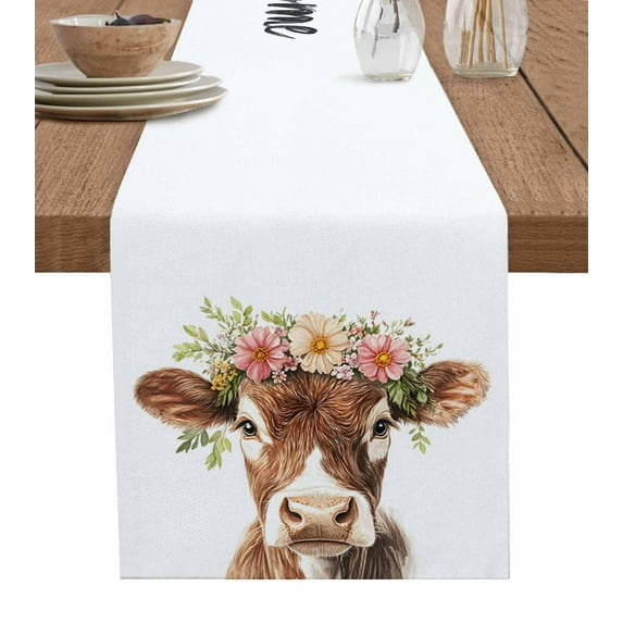 Spring Cow Burlap Cotton Table Runner 14x72 Inches Long, Cute Wildflower Floral Botanical Blooms Farmhouse Table Runners, Outdoor Dining Tablecloths Decor for Baby Shower/Party/Wedding