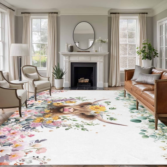 Spring Cow Floral Area Rugs 6'x9', Washable Small Throw Rugs for Kitchen Dining room, Green Eucalyptus Leaves Botanical Indoor Outdoor Rug Non-Slip Low Pile Carpet Runner Reversible Floor Mats