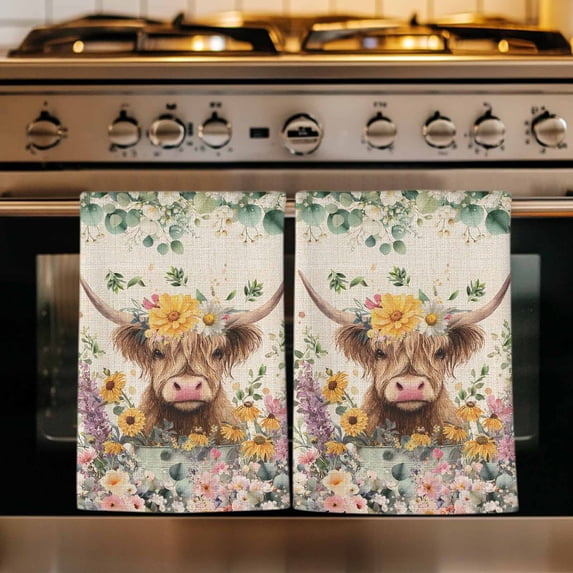 Spring Cow Floral Kitchen Towels Set of 1, Green Eucalyptus Leaves Linen Absorbent Dish Towels for Kitchen, Microfiber Hand Towel, Quick Drying Tea Towel for Cleaning Decorative Dishcloths