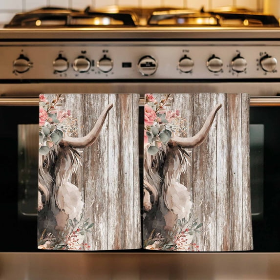 Spring Cow Floral Kitchen Towels Set of 2, Vintage Brown Wooden Farmhouse Absorbent Dish Towels for Kitchen, Microfiber Hand Towel, Quick Drying Tea Towel for Cleaning Decorative Dishcloths