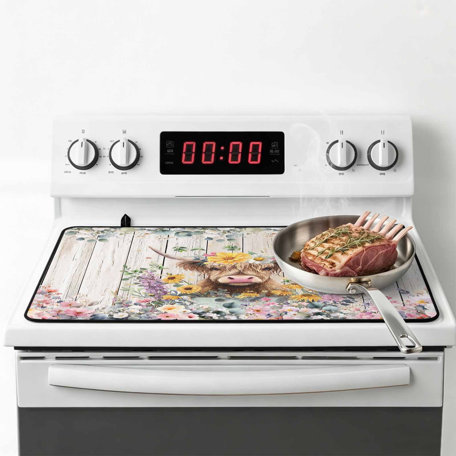 Spring Cow Floral Stove Top Cover for Electric Stove, Heat-proof & Non Slip Glass Top Stove Cover Protector, Green Eucalyptus Leaves Grey Wooden Kitchen Flat Cooktop Rubber Mat 24x21 Inches